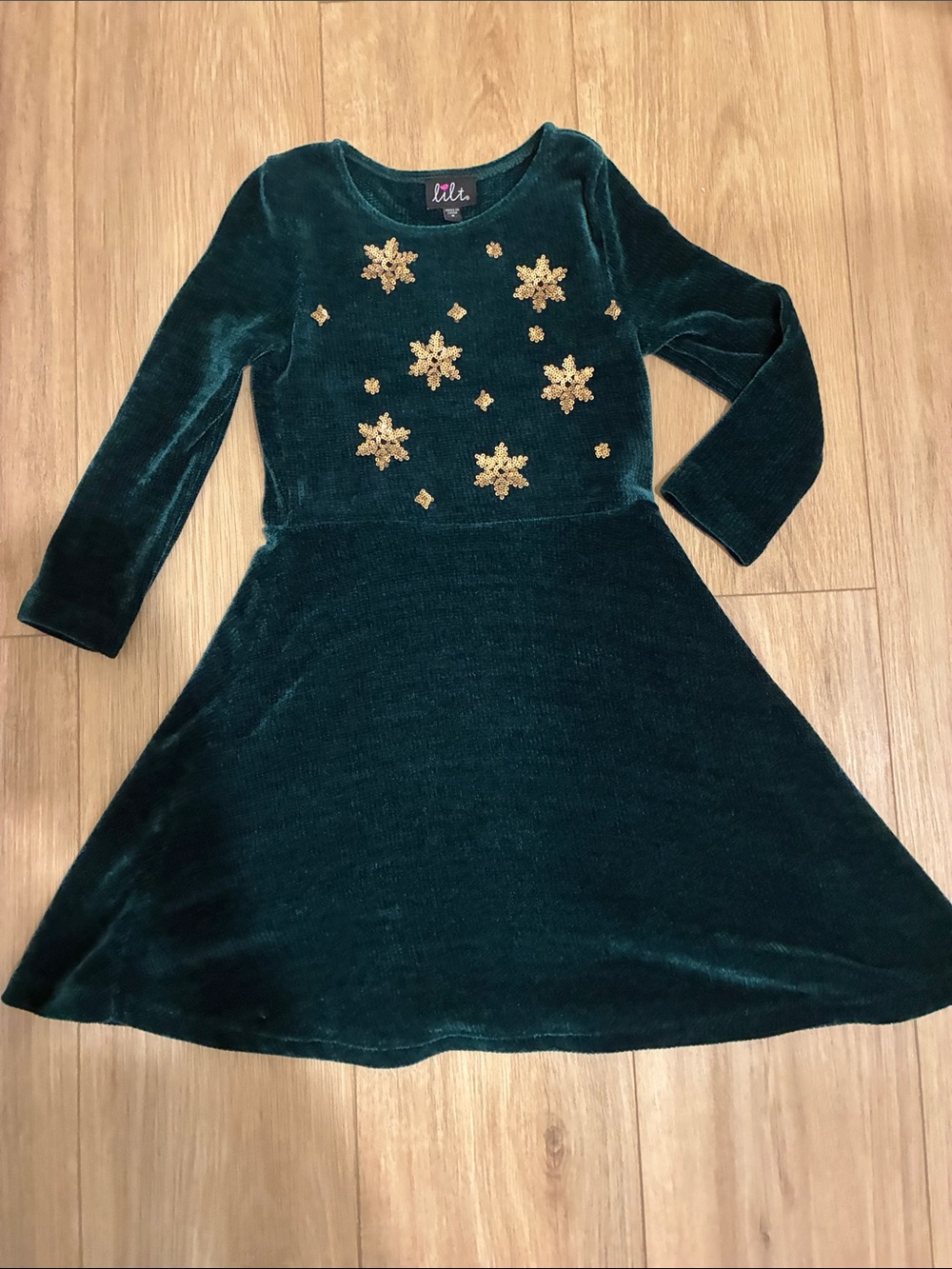 lilt Emerald Green Velvet Dress with Gold Snowflake Embellishments